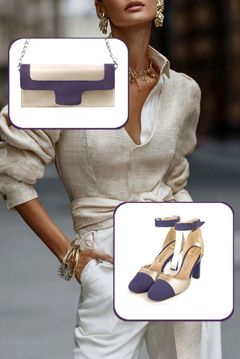 Dress heels closed-back ankle strap in lavender purple and gold leather with kitten heels and round toe - Worn view